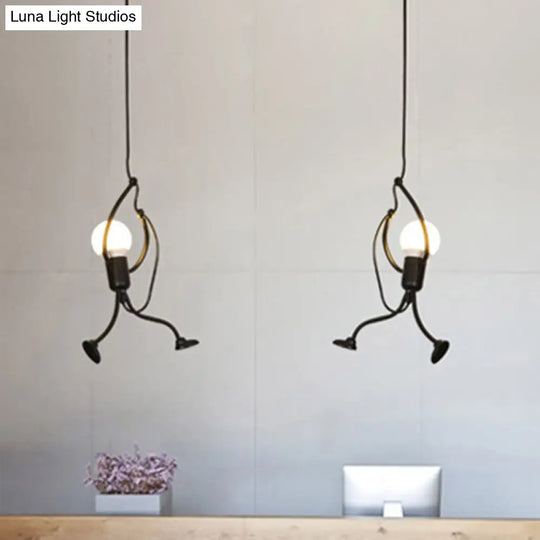 Modern Black Stickman Pendant Light Kit - Small Artistic Hanging Lamp With 1-Light Metal Ceiling
