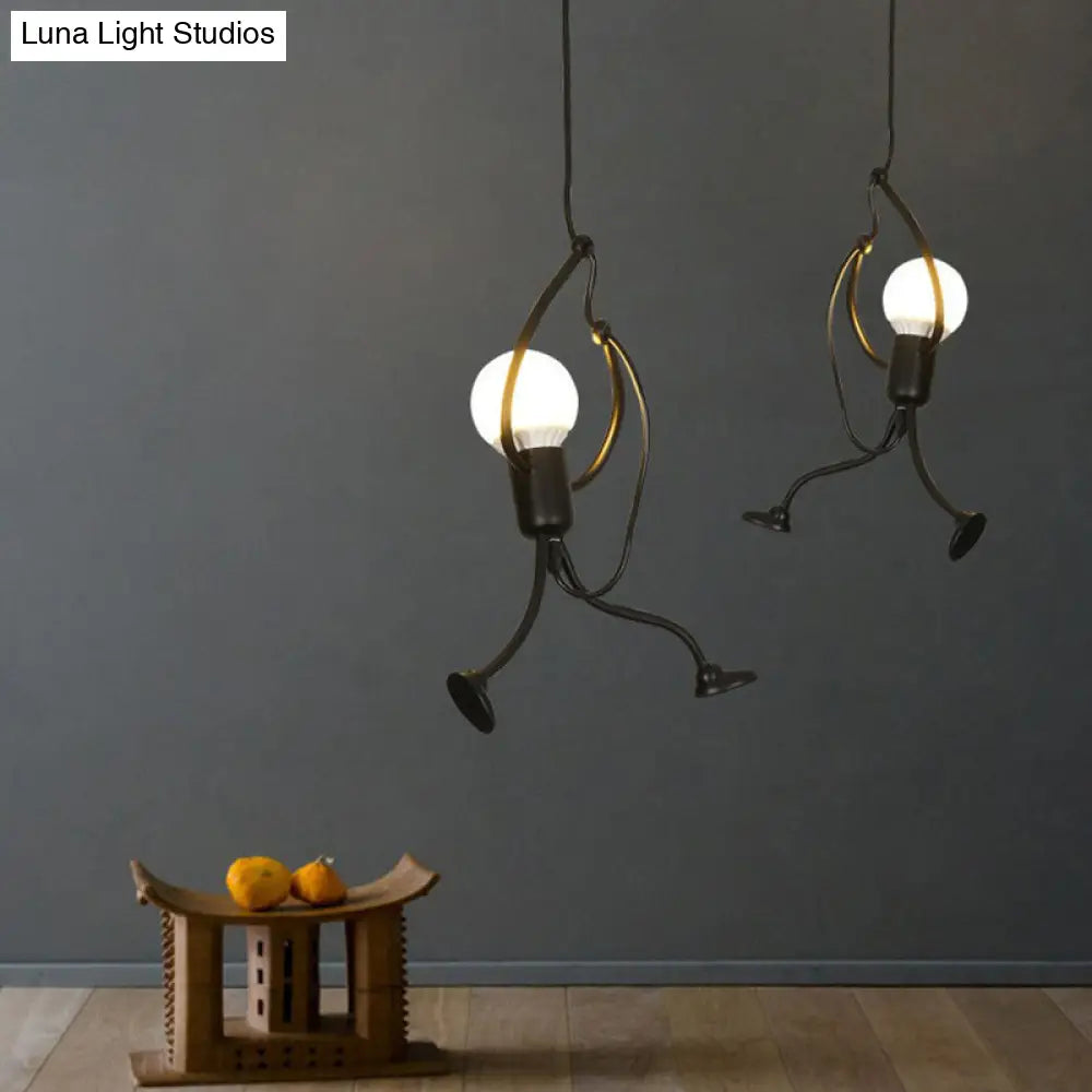 Modern Black Stickman Pendant Light Kit - Small Artistic Hanging Lamp With 1-Light Metal Ceiling