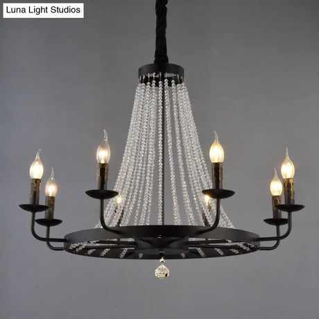 Modern Black Wagon Wheel Chandelier With Crystal Accents - Classic Metal Pendant Lighting Fixture