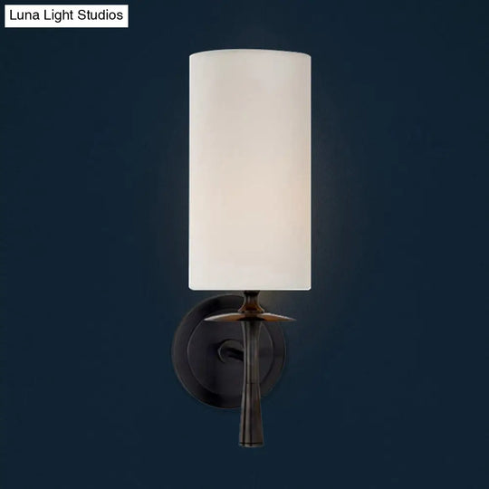 Modern Black Wall Sconce Light With White Glass Shade - 1 Head Cylindrical Fixture