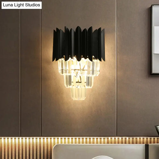 Modern Black Wall Sconce With Tapered Bulbs Clear Crystal Prisms - Flush Mount