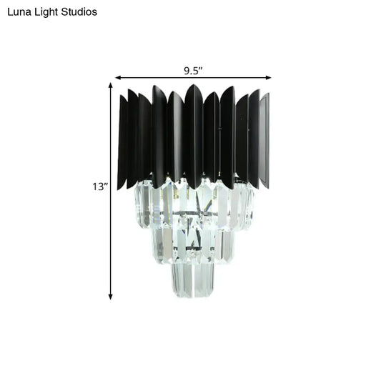Modern Black Wall Sconce With Tapered Bulbs Clear Crystal Prisms - Flush Mount