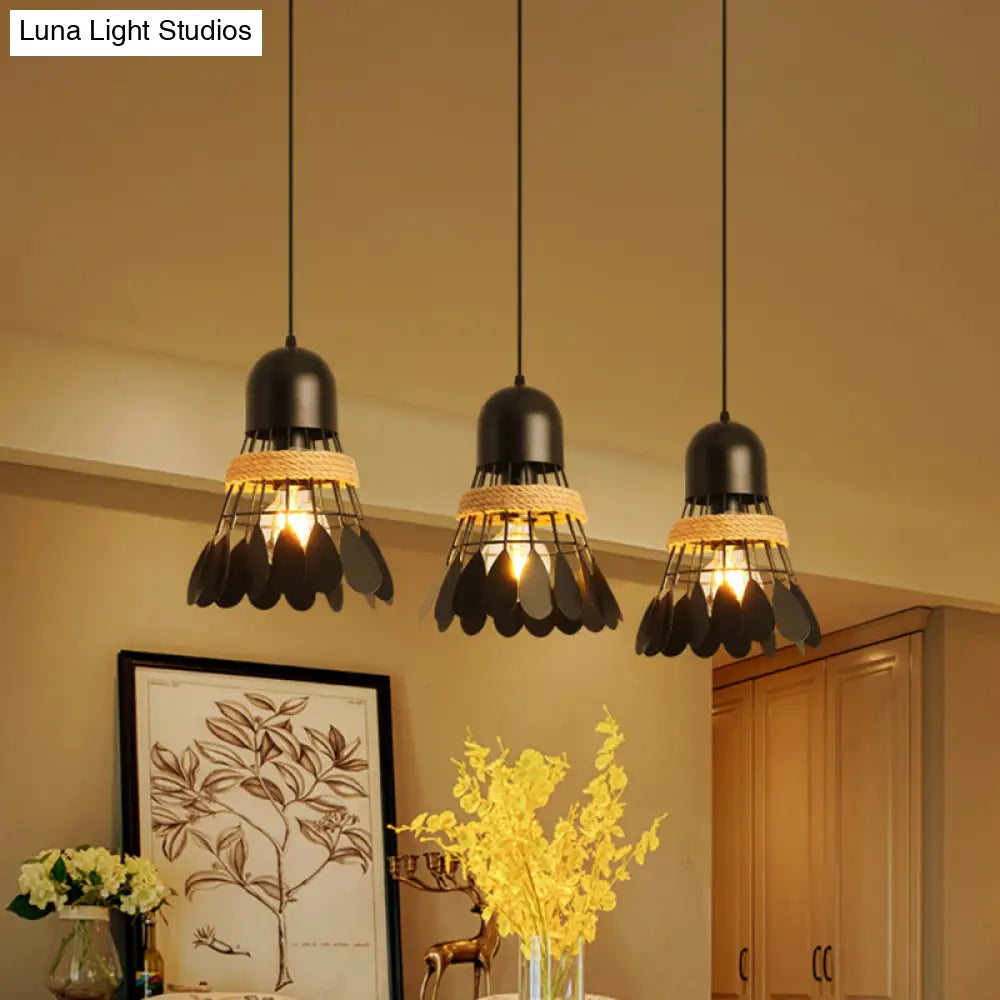 Modern Black/White Iron Dining Room Pendant Light With Rope And Round/Linear Canopy - Badminton
