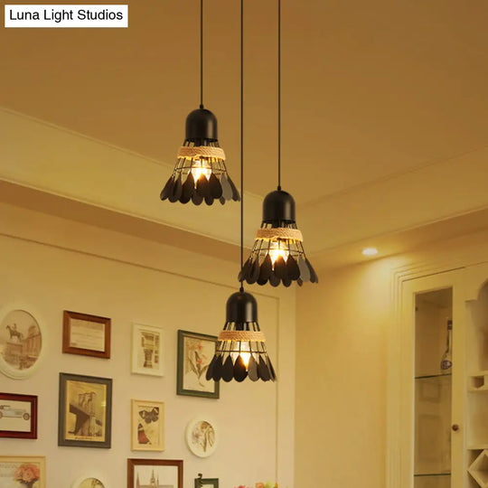 Modern Black/White Iron Dining Room Pendant Light With Rope And Round/Linear Canopy - Badminton