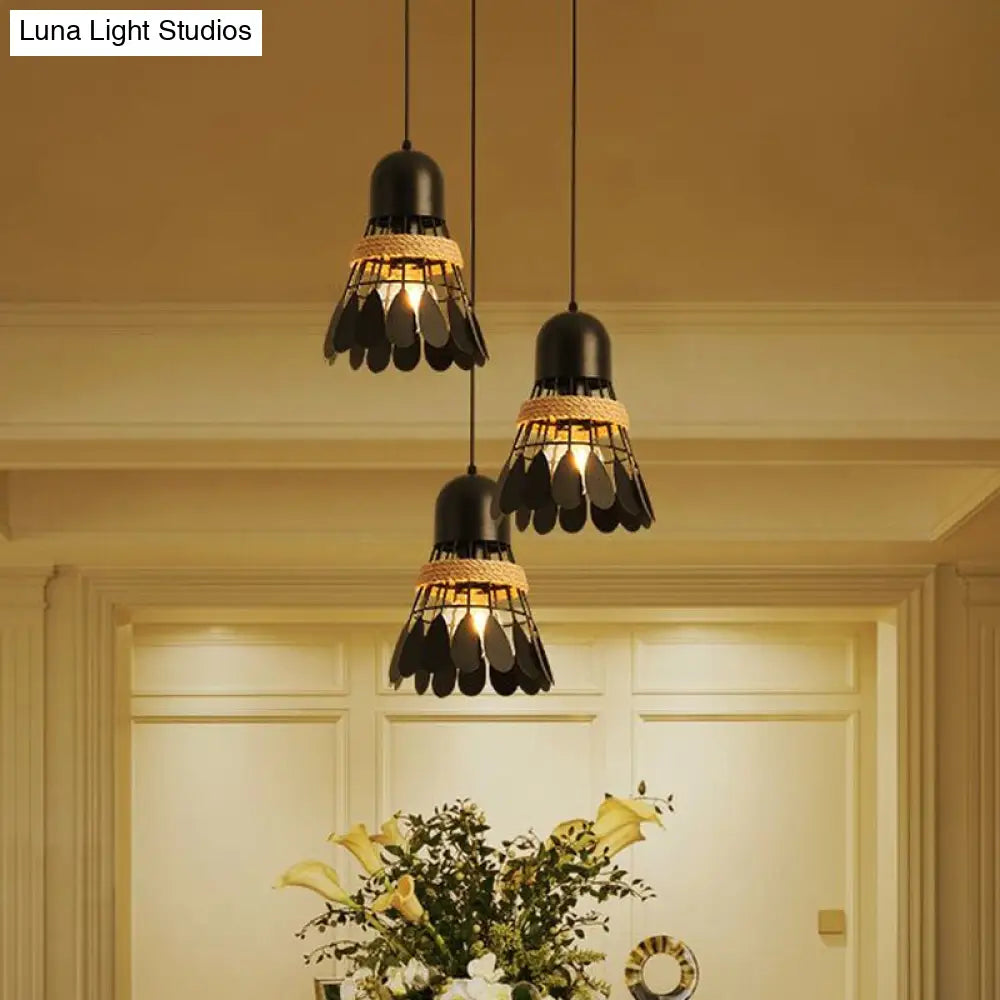 Modern Black/White Iron Dining Room Pendant Light With Rope And Round/Linear Canopy - Badminton
