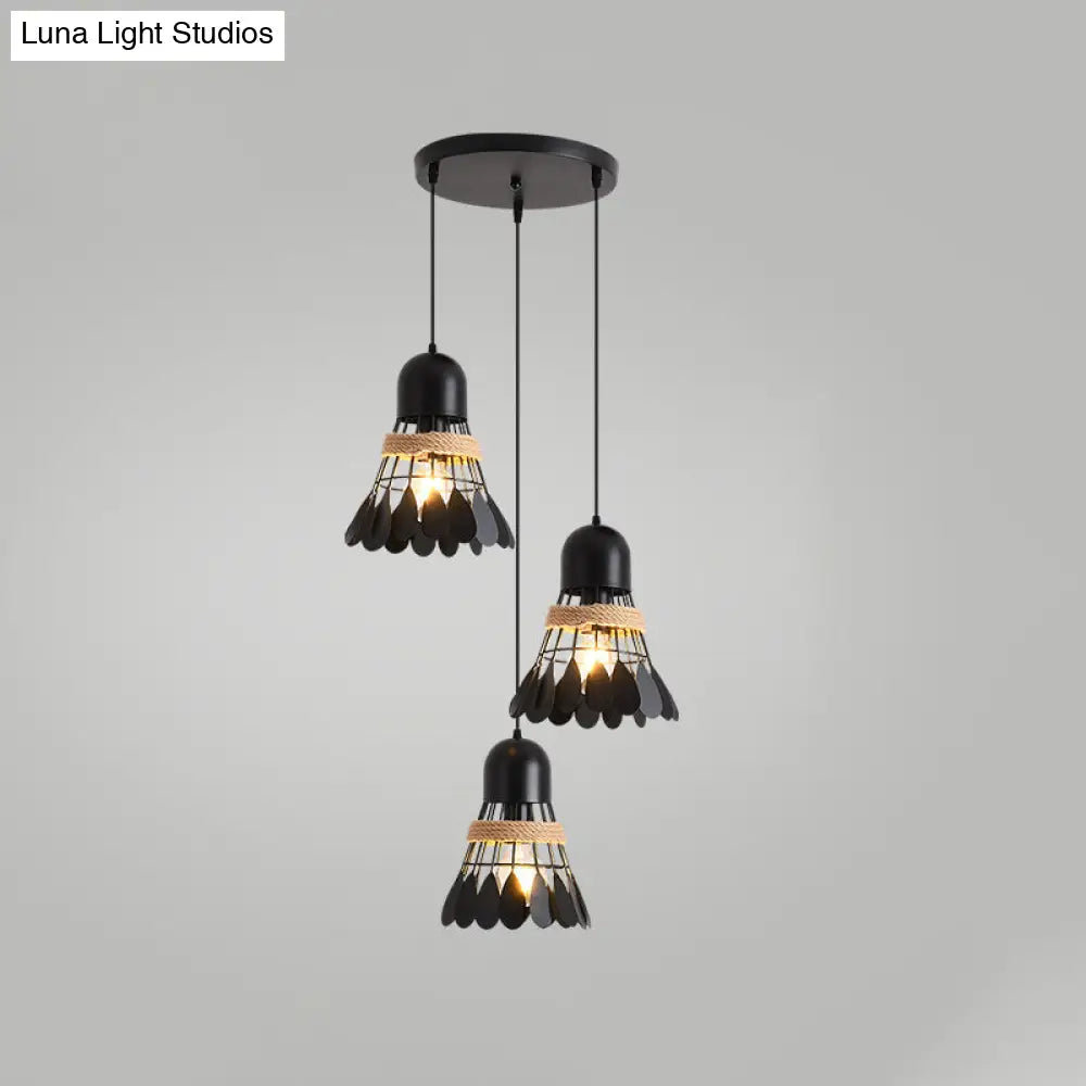 Modern Black/White Iron Dining Room Pendant Light With Rope And Round/Linear Canopy - Badminton