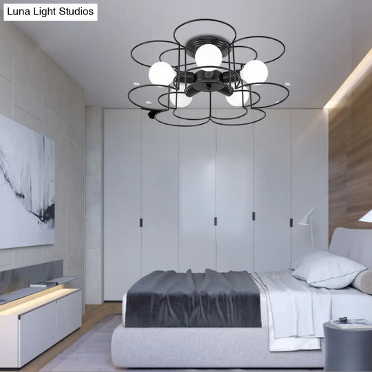 Modern Black/White Iron Frame Semi Flush Mount Chandelier - 5 Lights Bedroom Ceiling Lighting