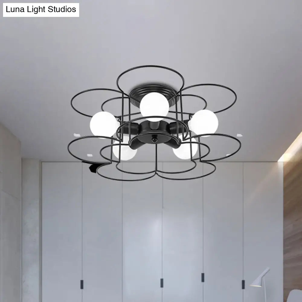 Modern Black/White Iron Frame Semi Flush Mount Chandelier - 5 Lights Bedroom Ceiling Lighting Black