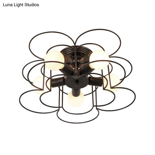Modern Black/White Iron Frame Semi Flush Mount Chandelier - 5 Lights Bedroom Ceiling Lighting