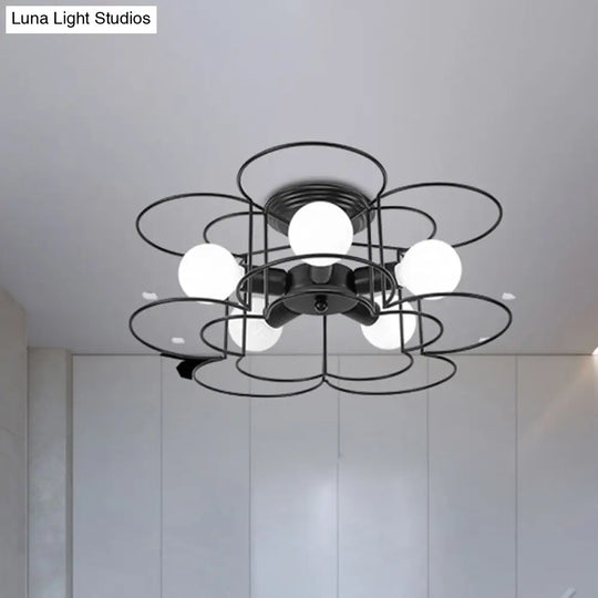 Modern Black/White Iron Frame Semi Flush Mount Chandelier - 5 Lights Bedroom Ceiling Lighting