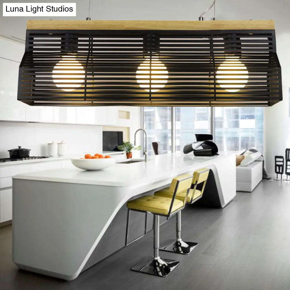 Modern Black/White Linear Island Pendant Light - 3-Light Metal And Wood Dining Room Lighting Black