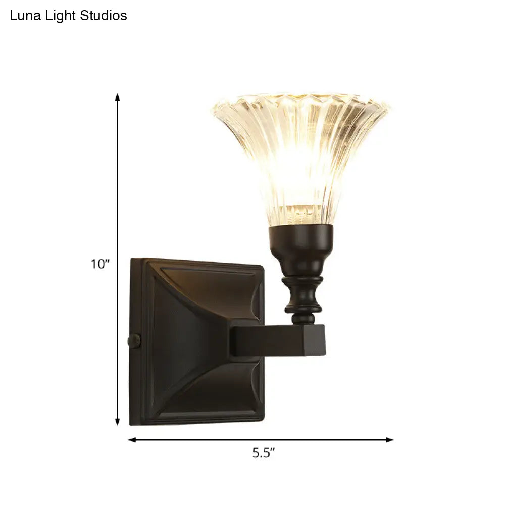 Modern Black Wide Flare Flush Mount Wall Sconce With Crystal Accent Bedside Light Fixture