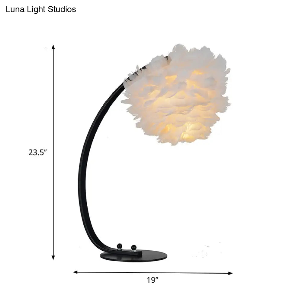Modern Blossom Feather Night Lamp With Black Arched Arm For Bedside