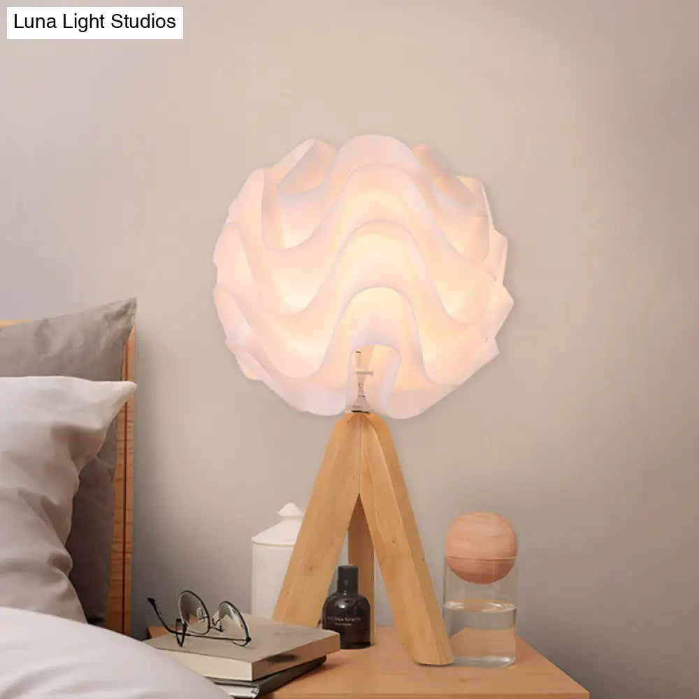 Modern Blossom Led Bedside Lamp With Wood Tripod - White Acrylic Desk Light