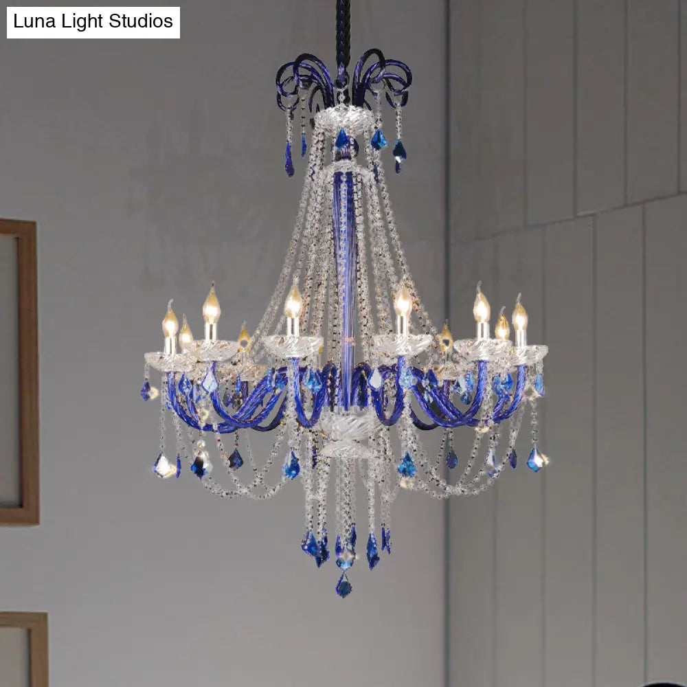 Modern Crystal Hanging Chandelier - 12 Light Blue Ceiling Lamp For Balcony