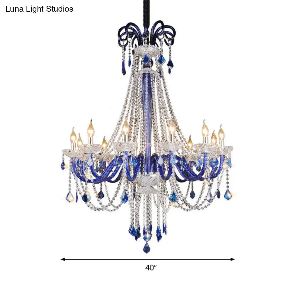 Modern Crystal Hanging Chandelier - 12 Light Blue Ceiling Lamp For Balcony