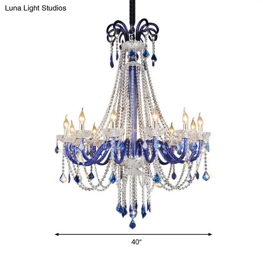 Modern Crystal Hanging Chandelier - 12 Light Blue Ceiling Lamp For Balcony