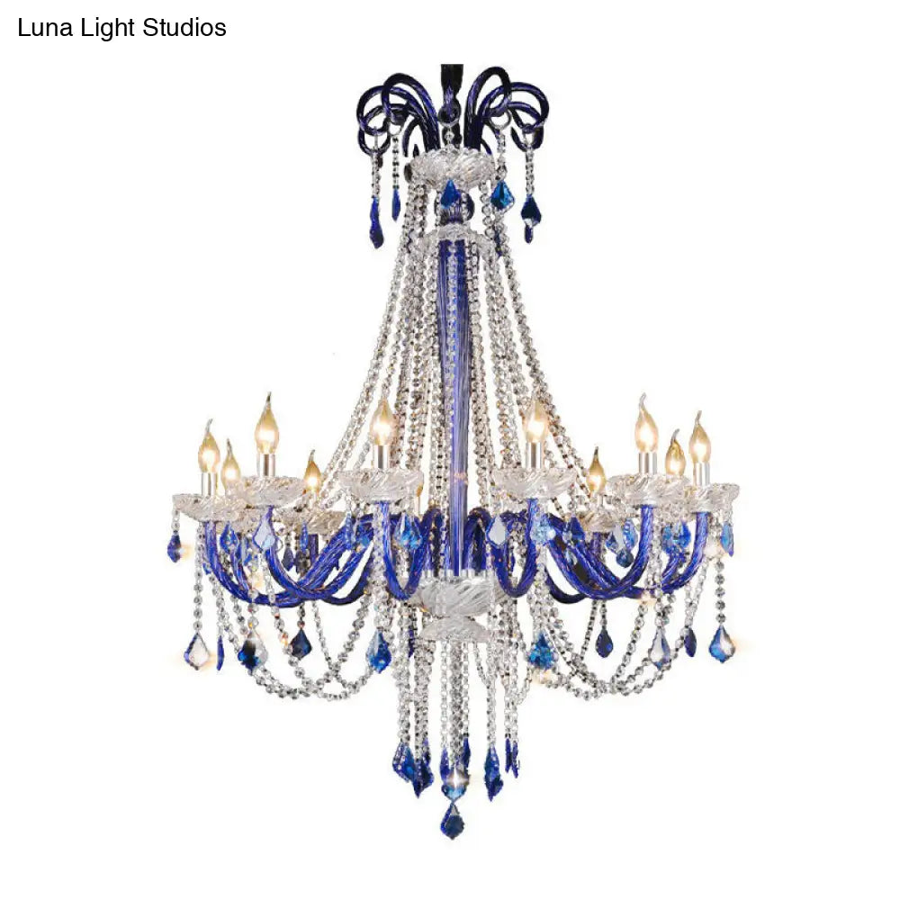 Modern Crystal Hanging Chandelier - 12 Light Blue Ceiling Lamp For Balcony