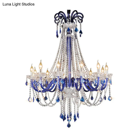 Modern Crystal Hanging Chandelier - 12 Light Blue Ceiling Lamp For Balcony