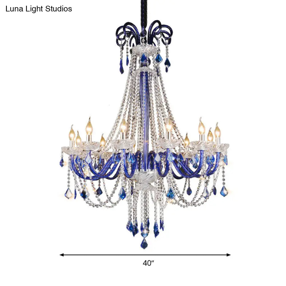 Modern Blue Crystal Candle Chandelier | 12-Light Hanging Ceiling Lamp For Balcony