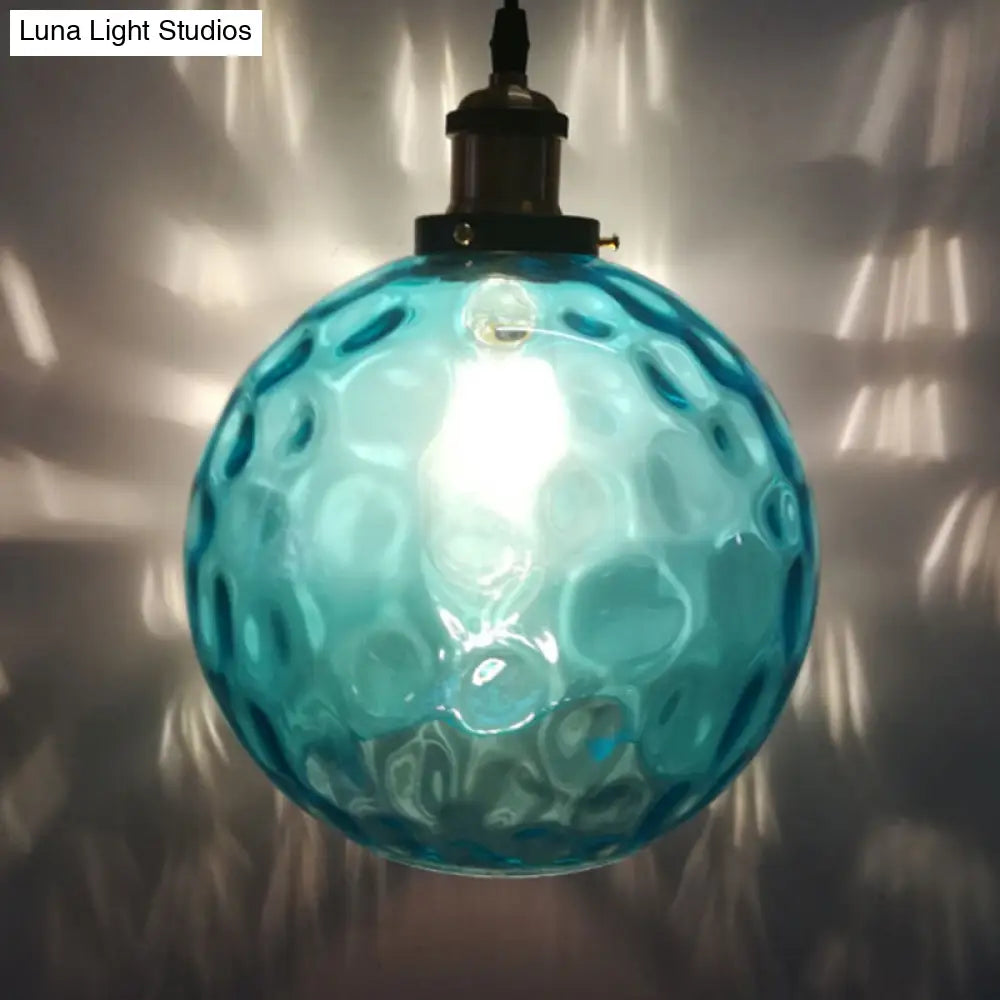 Blue Rippled Glass Ball Hanging Light - Modern 1 Brass Ceiling Lamp 8/10/12 W