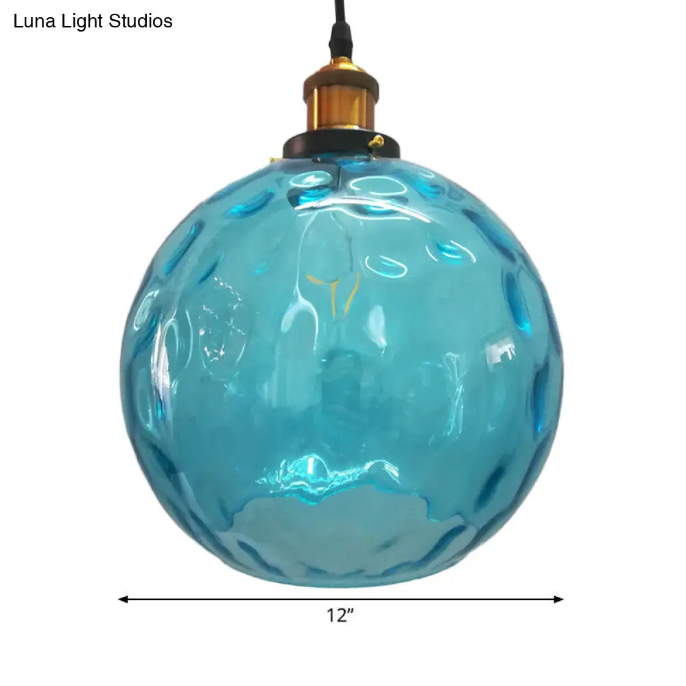 Blue Rippled Glass Ball Hanging Light - Modern 1 Brass Ceiling Lamp 8/10/12 W