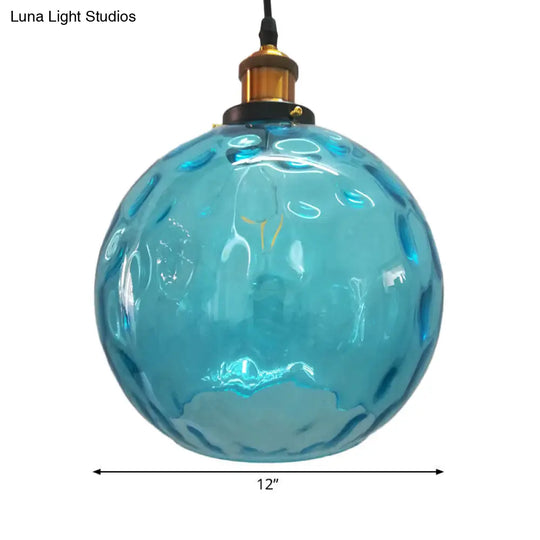 Blue Rippled Glass Ball Hanging Light - Modern 1 Brass Ceiling Lamp 8/10/12 W