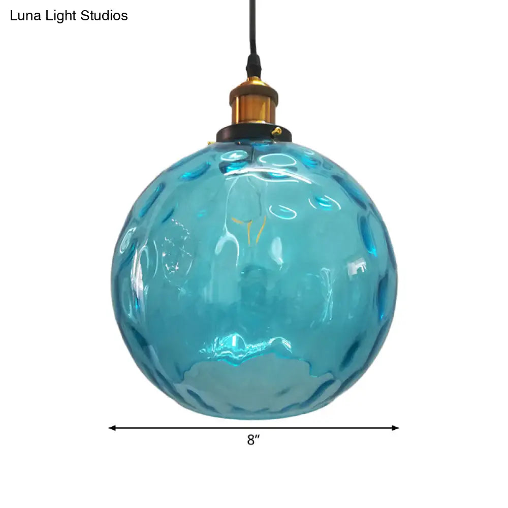 Blue Rippled Glass Ball Hanging Light - Modern 1 Brass Ceiling Lamp 8/10/12 W