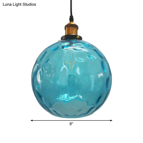 Blue Rippled Glass Ball Hanging Light - Modern 1 Brass Ceiling Lamp 8/10/12 W