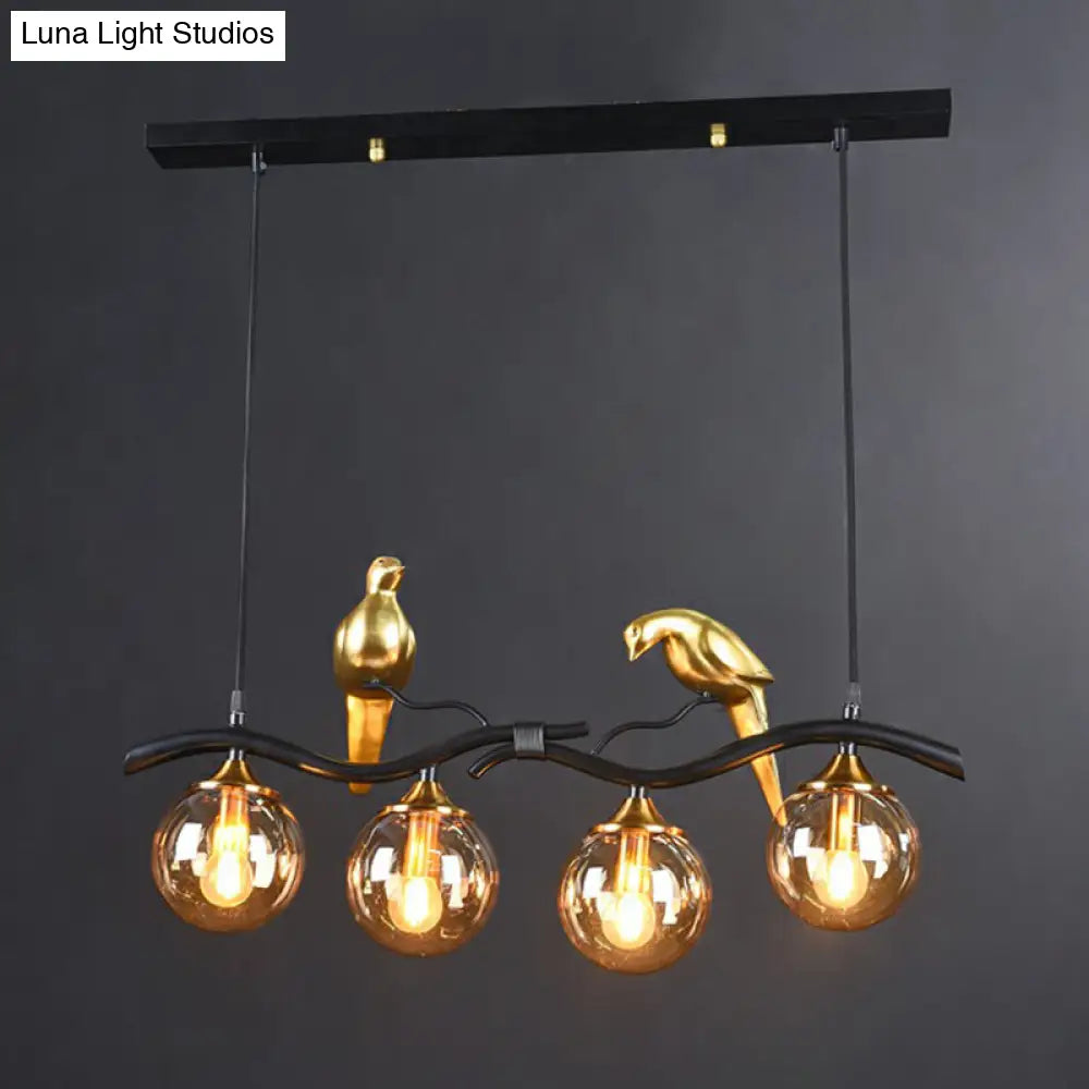 Modern Branch Island Pendant Light With Ball Glass Shade And Bird Deco - Metal 4-Light Fixture For