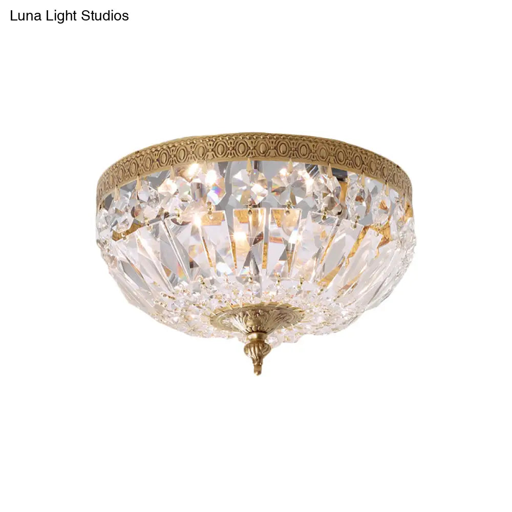 Modern Brass Bowl - Shape Ceiling Flush Light With Crystal Strand - 2 Bulbs Bedroom Lamp