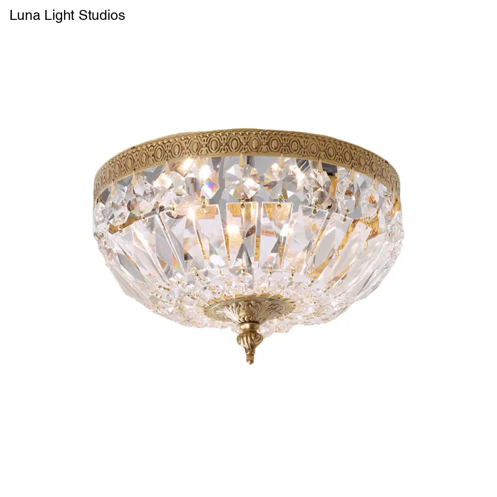 Modern Brass Bowl-Shape Ceiling Flush Light With Crystal Strand - 2 Bulbs Bedroom Lamp