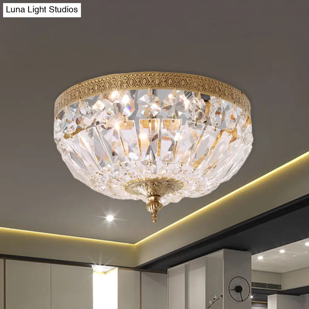 Modern Brass Bowl-Shape Ceiling Flush Light With Crystal Strand - 2 Bulbs Bedroom Lamp