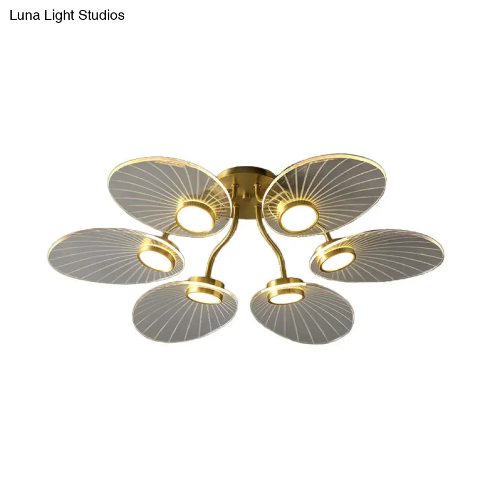 Modern Brass Ceiling Lamp With 6 Heads And Leaf Acrylic Shade
