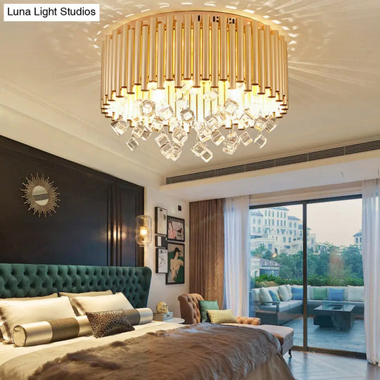Modern Brass Ceiling Lamp With Metal Flute Shade And Crystal Drop - Drum Flush Light (4/5 Lights)