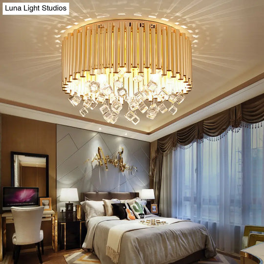 Modern Brass Ceiling Lamp With Metal Flute Shade And Crystal Drop - Drum Flush Light (4/5 Lights)