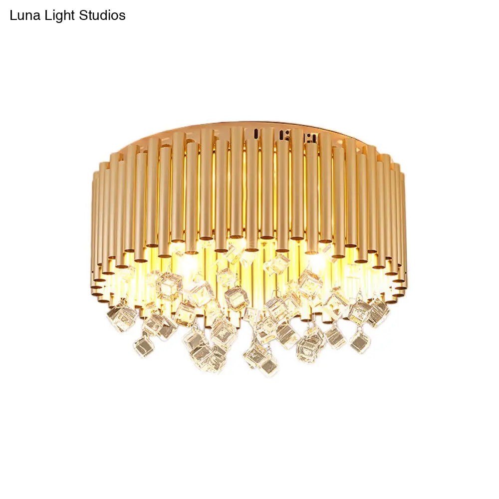 Modern Brass Ceiling Lamp With Metal Flute Shade And Crystal Drop - Drum Flush Light (4/5 Lights)