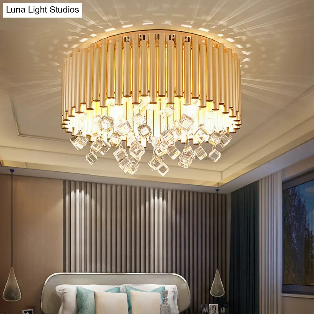 Modern Brass Ceiling Lamp With Metal Flute Shade And Crystal Drop - Drum Flush Light (4/5 Lights)