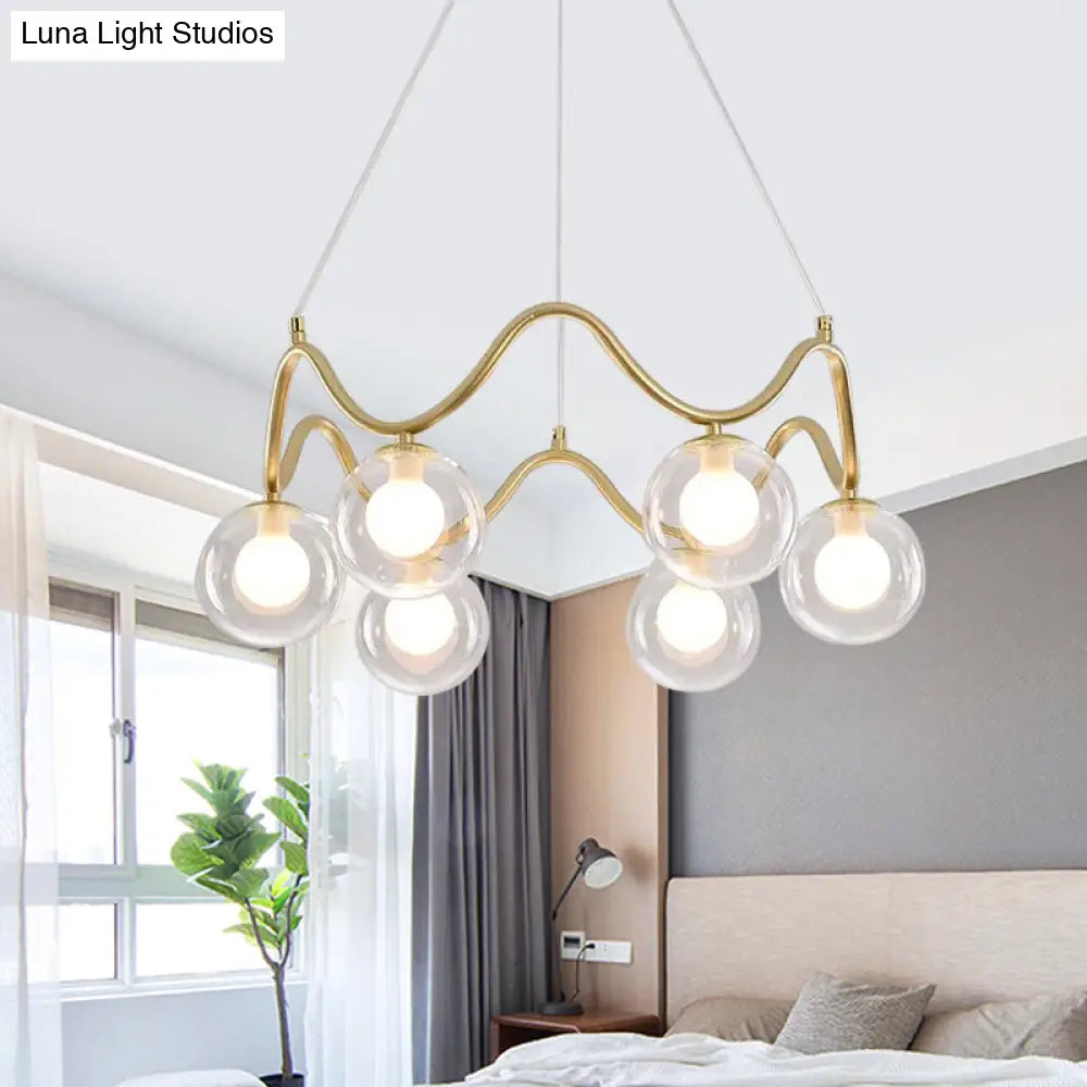 Modern Brass Chandelier With 6-Lights Iron Wave Pendant Ceiling Light Clear/White Double Ball Glass