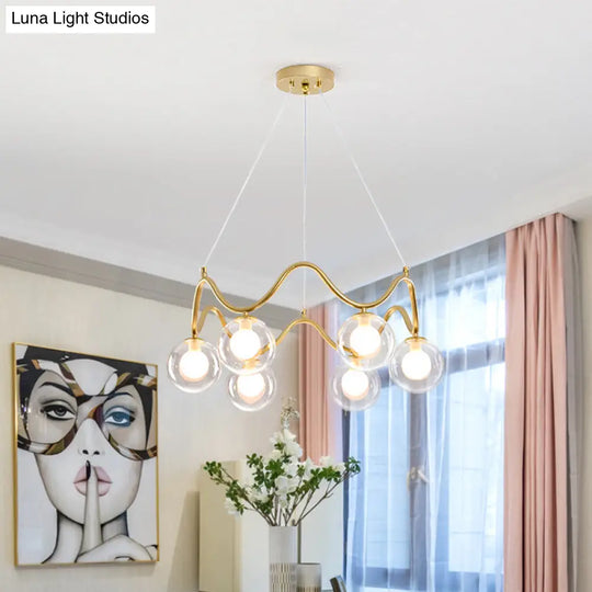 Modern Brass Chandelier With 6-Lights Iron Wave Pendant Ceiling Light Clear/White Double Ball Glass
