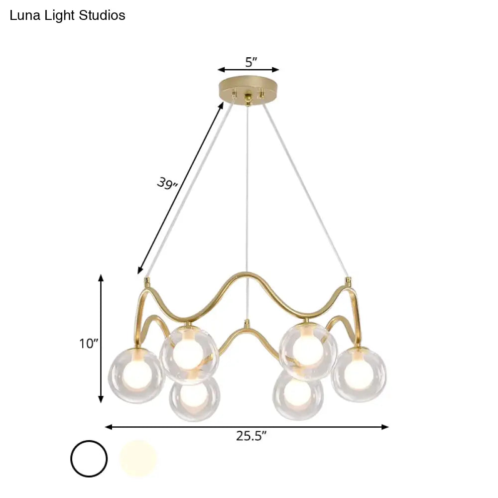 Modern Brass Chandelier With 6-Lights Iron Wave Pendant Ceiling Light Clear/White Double Ball Glass