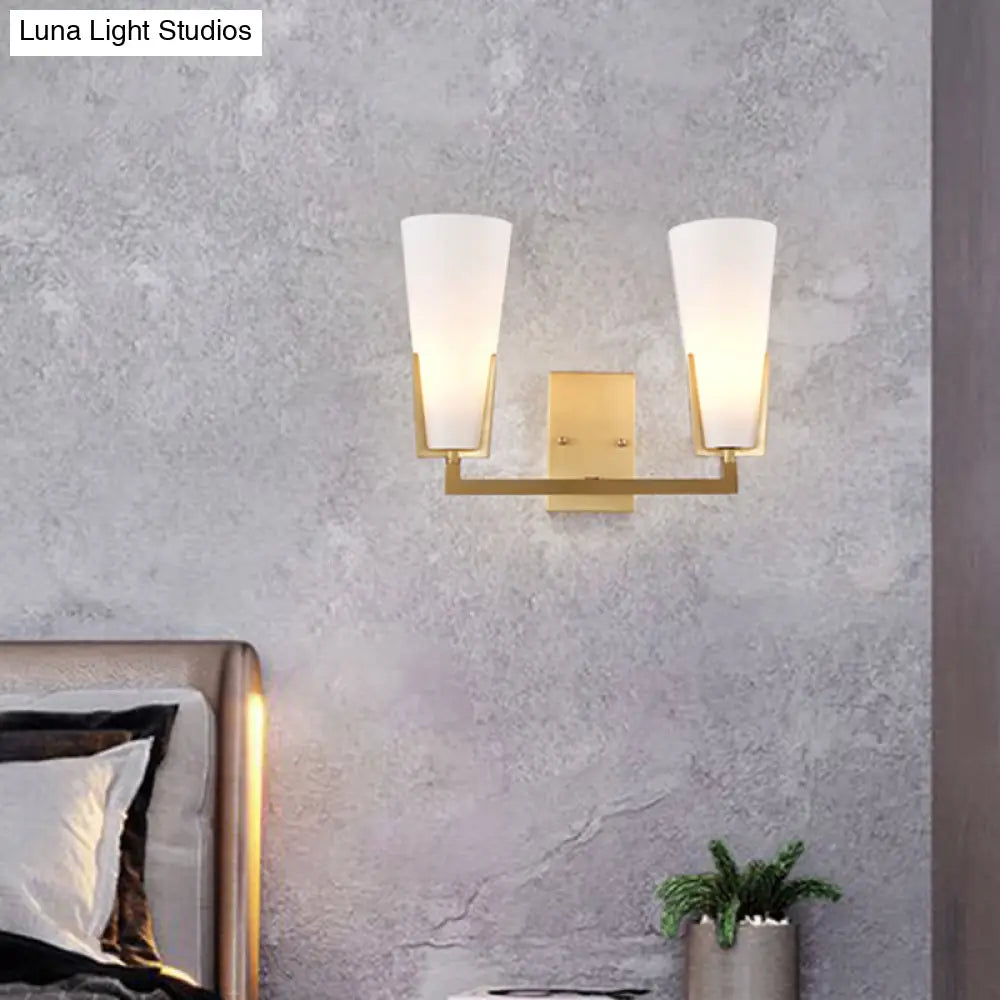 Modern Brass Cone Wall Sconce With White Glass Shade - Bedside Lighting Fixture 2 Bulbs