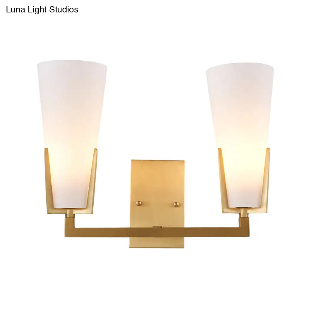 Modern Brass Cone Wall Sconce With White Glass Shade - Bedside Lighting Fixture 2 Bulbs