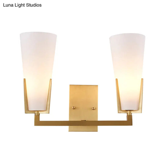 Modern Brass Cone Wall Sconce With White Glass Shade - Bedside Lighting Fixture 2 Bulbs