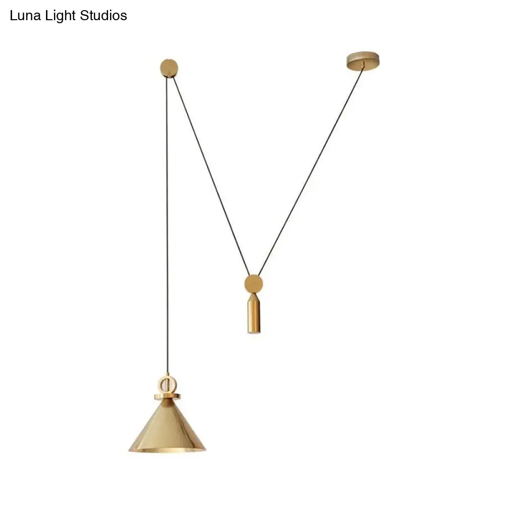 Modern Brass Conic Drop Pendant Kitchen Lamp With 1-Light And Pulley Suspension