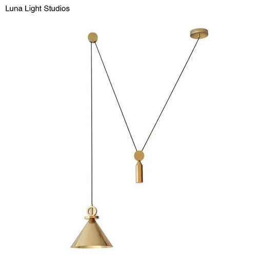 Modern Brass Metal Kitchen Pendant Lamp With Pulley Suspension - Conic Drop Design