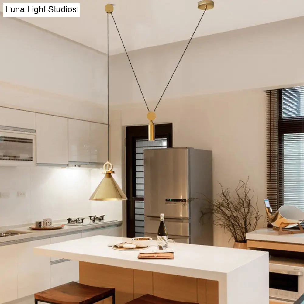 Modern Brass Conic Drop Pendant Kitchen Lamp With 1-Light And Pulley Suspension