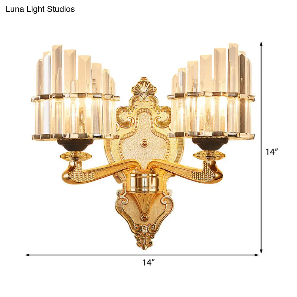 Modern Brass Crystal Block Wall Light Sconce With Carved Backplate
