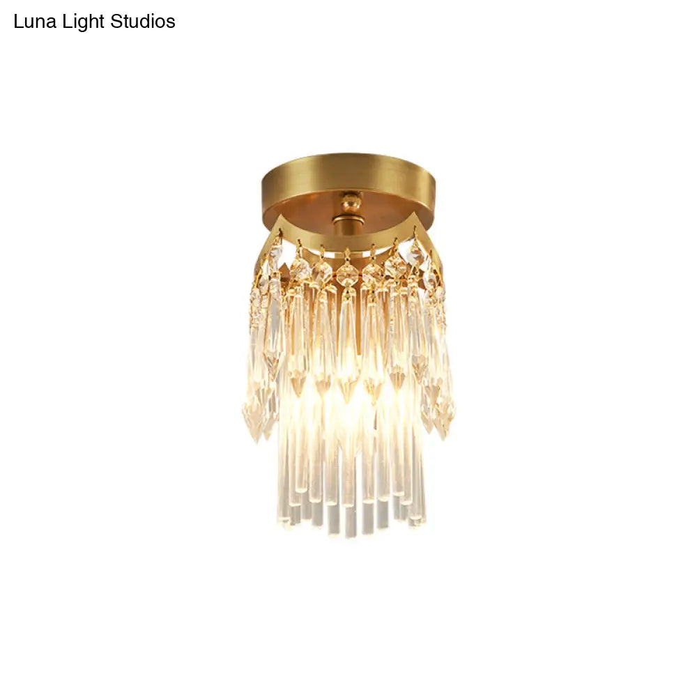 Modern Brass Cylinder Ceiling Light With Crystal Accents - Ideal For Corridor