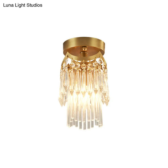 Modern Brass Cylinder Ceiling Light With Crystal Accents - Ideal For Corridor